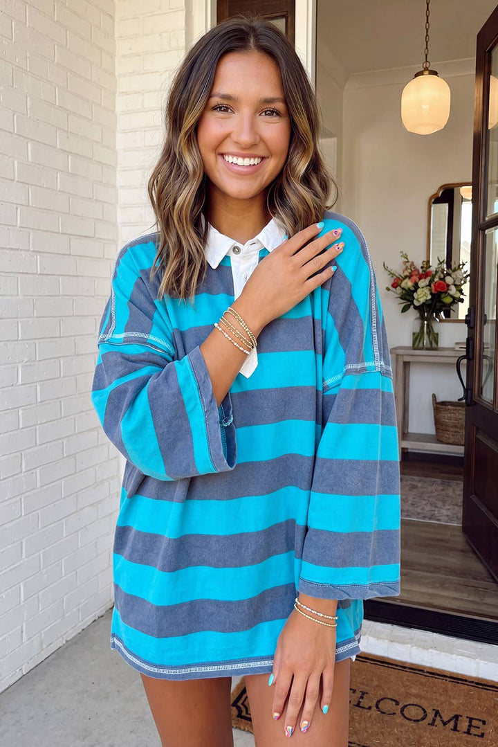 Striped Patchwork Collar Half Button Blouse