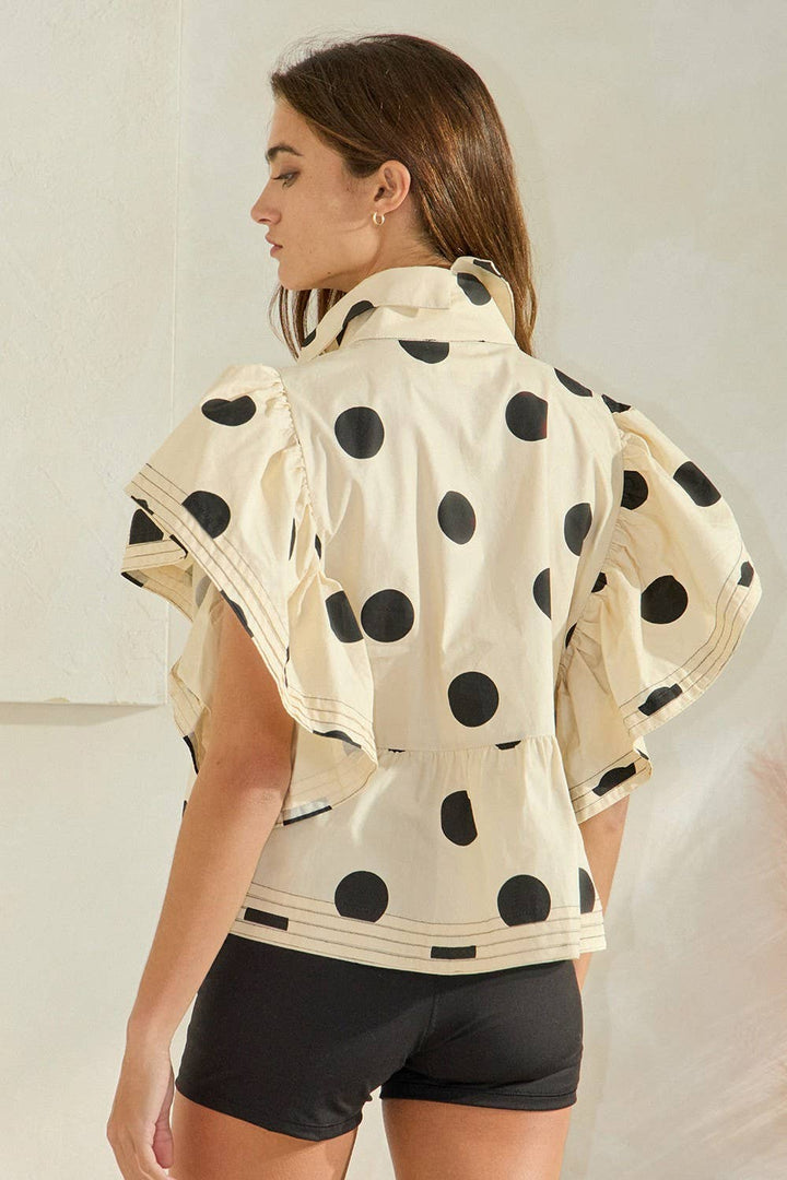 Ruffle Sleeves Pintuck Detail Polka Dot Print top up