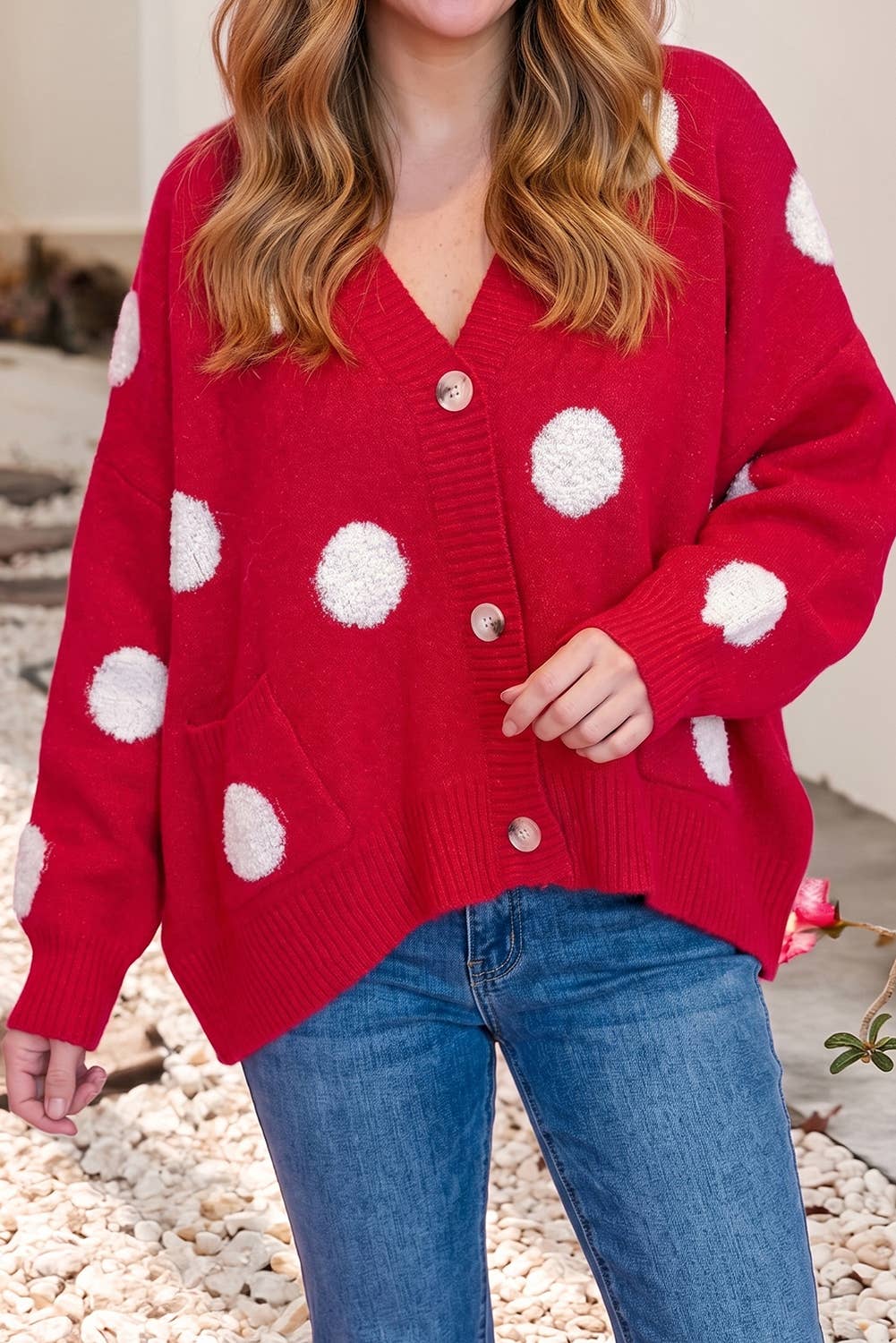 Polka Dot Button Front Oversized V Neck Cardigan
