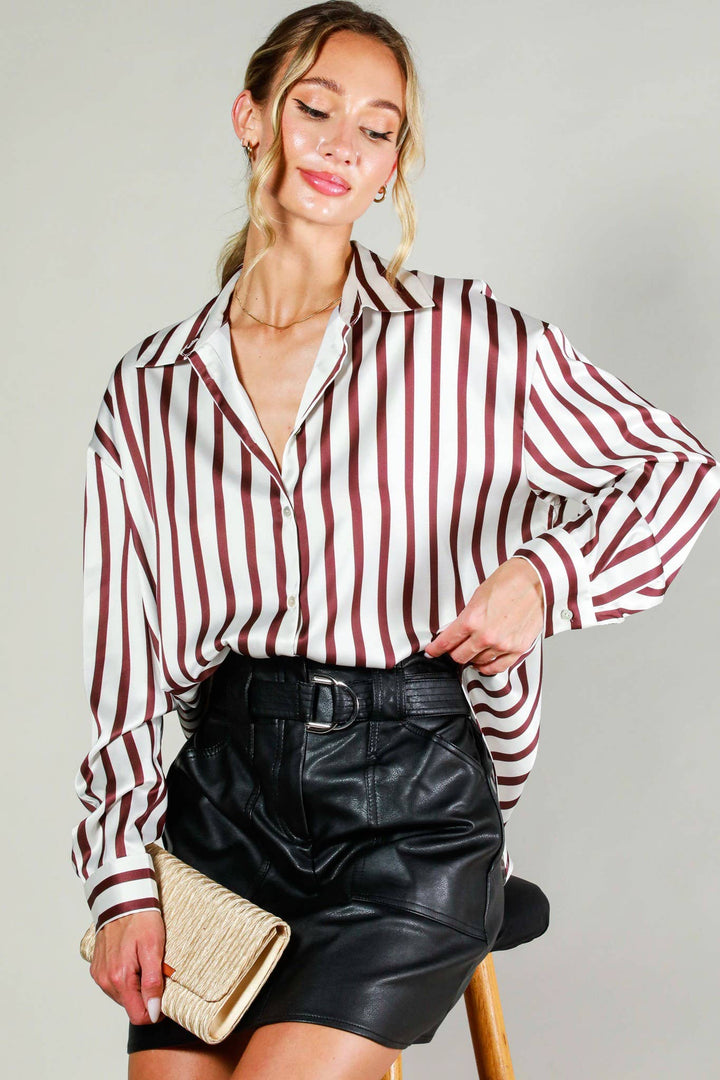 Collard Vertical Stripe Printed Satin Blouse Top
