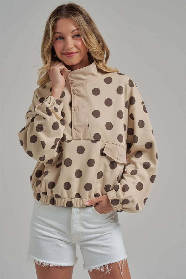 POLKA DOT HALF PLACKET PULLOVER TOP
