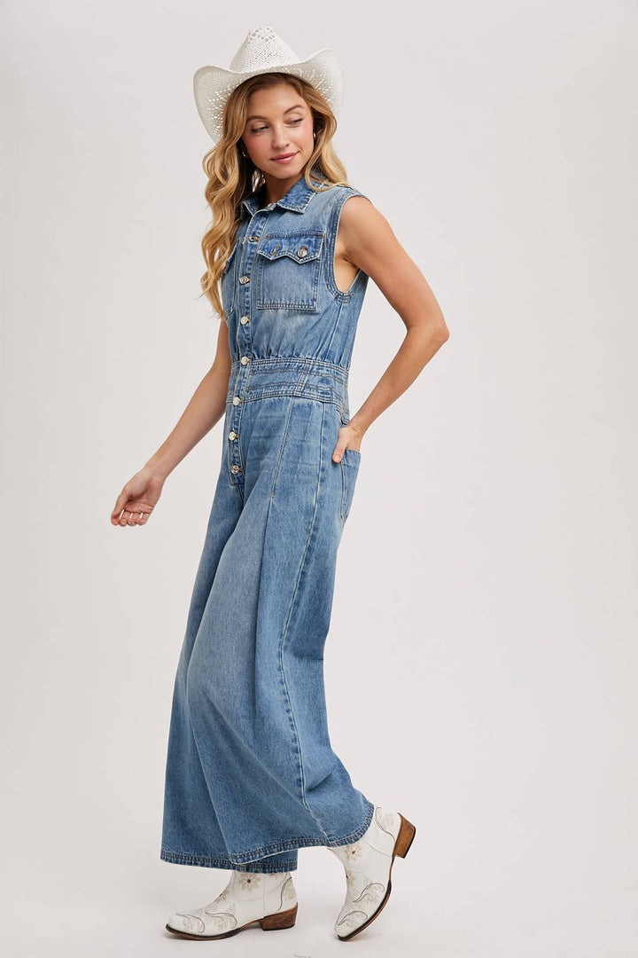 DENIM SLEEVELESS SHIRT JUMPSUIT