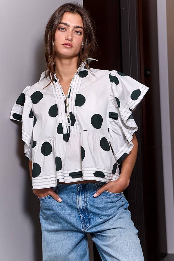 Ruffle Sleeves Pintuck Detail Polka Dot Print top up
