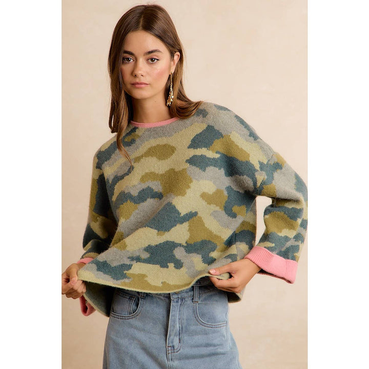 SOFT CAMO CONTRAST NECK AND ROLL UP SWEATER
