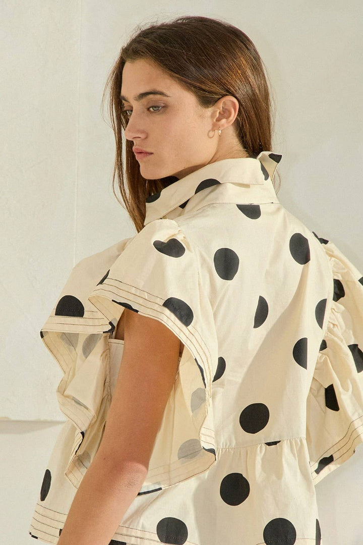 Ruffle Sleeves Pintuck Detail Polka Dot Print top up