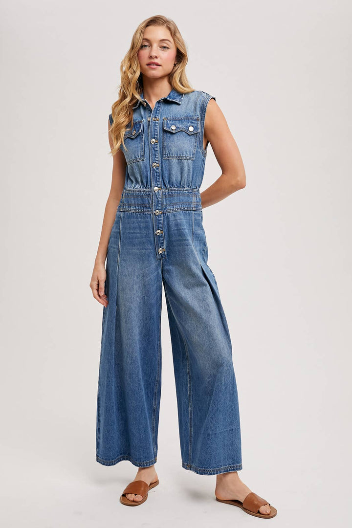 DENIM SLEEVELESS SHIRT JUMPSUIT