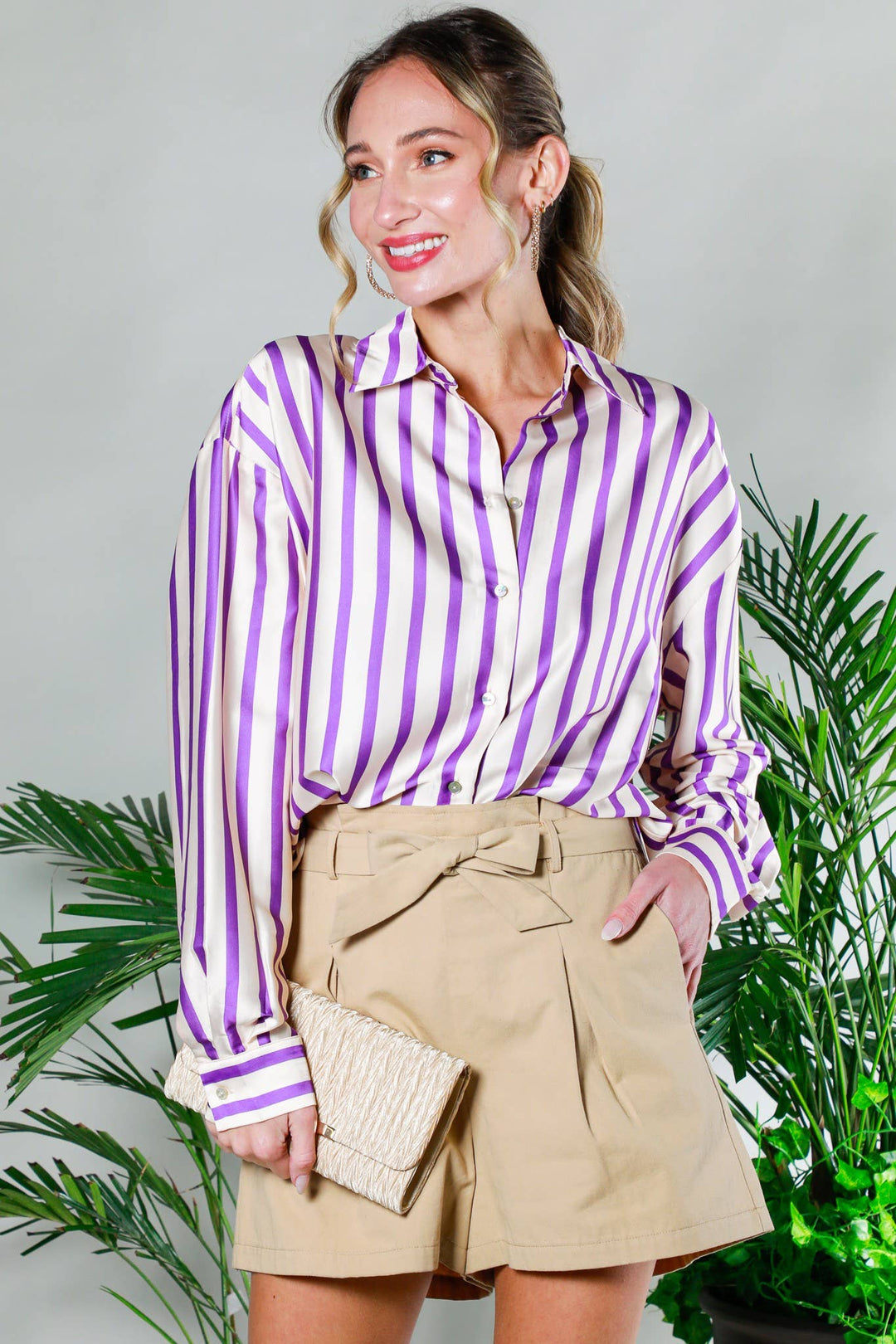 Collard Vertical Stripe Printed Satin Blouse Top