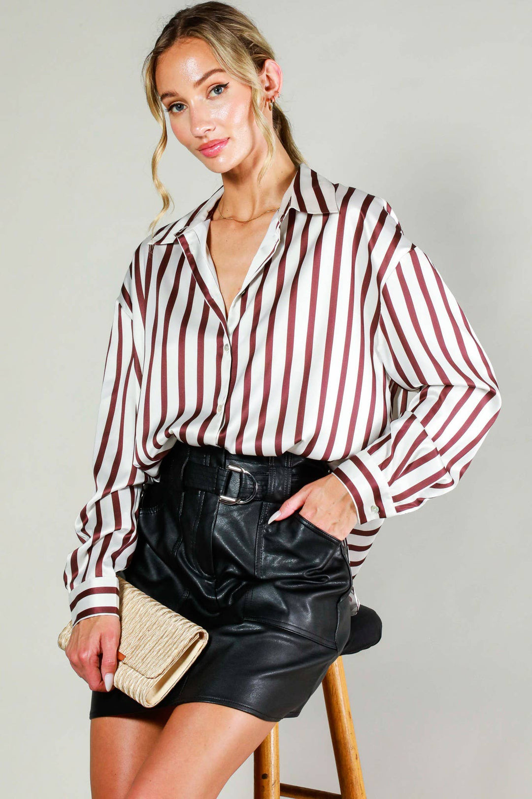 Collard Vertical Stripe Printed Satin Blouse Top