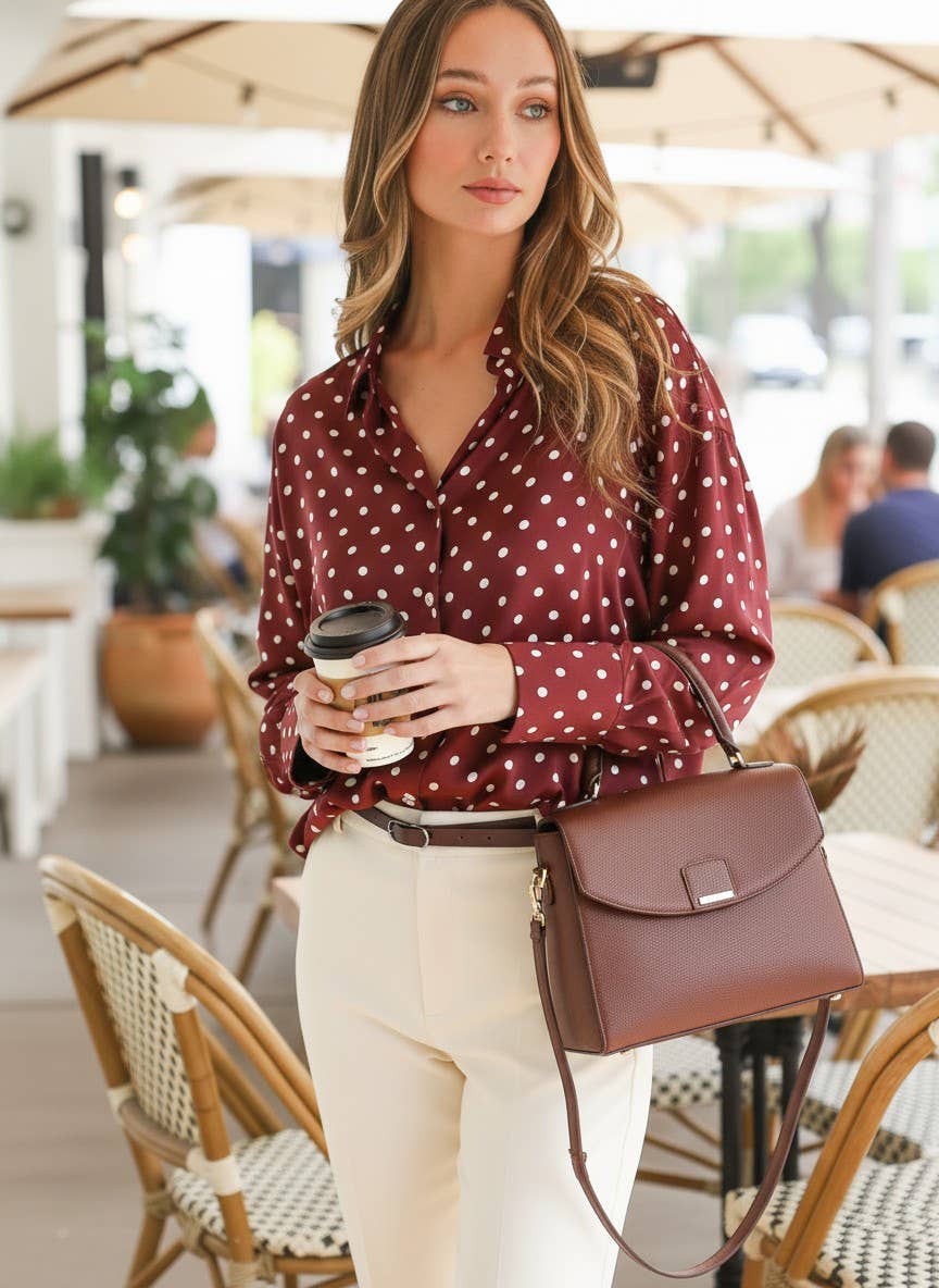 Polka Dot Collared Long-Sleeve Satin Blouse Top