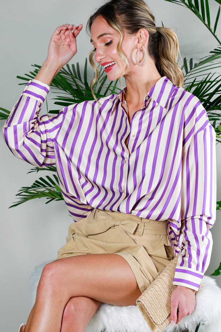 Collard Vertical Stripe Printed Satin Blouse Top