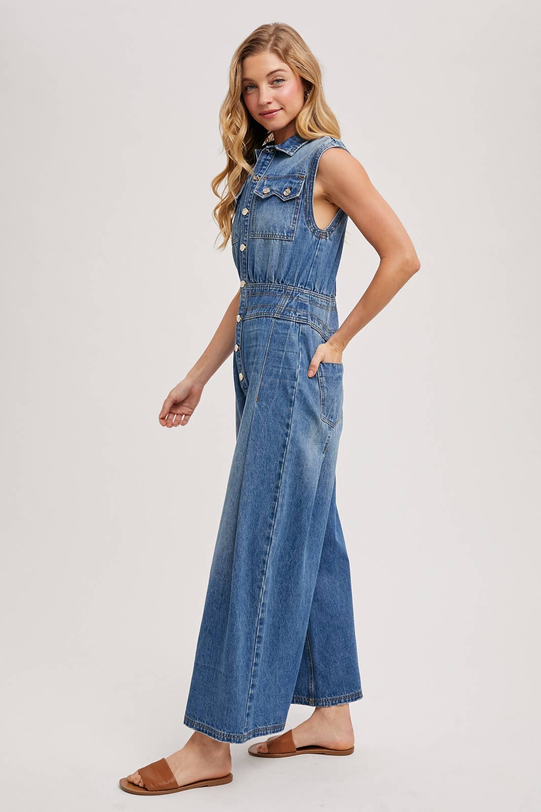DENIM SLEEVELESS SHIRT JUMPSUIT