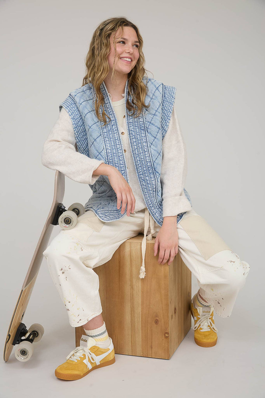 WASHED DENIM QUILTED SHAWL VEST