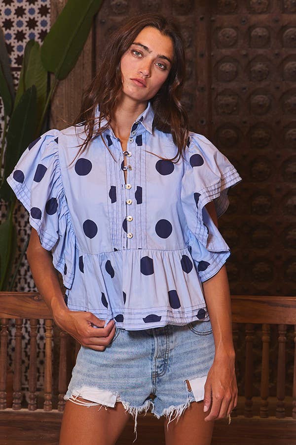 Ruffle Sleeves Pintuck Detail Polka Dot Print top up