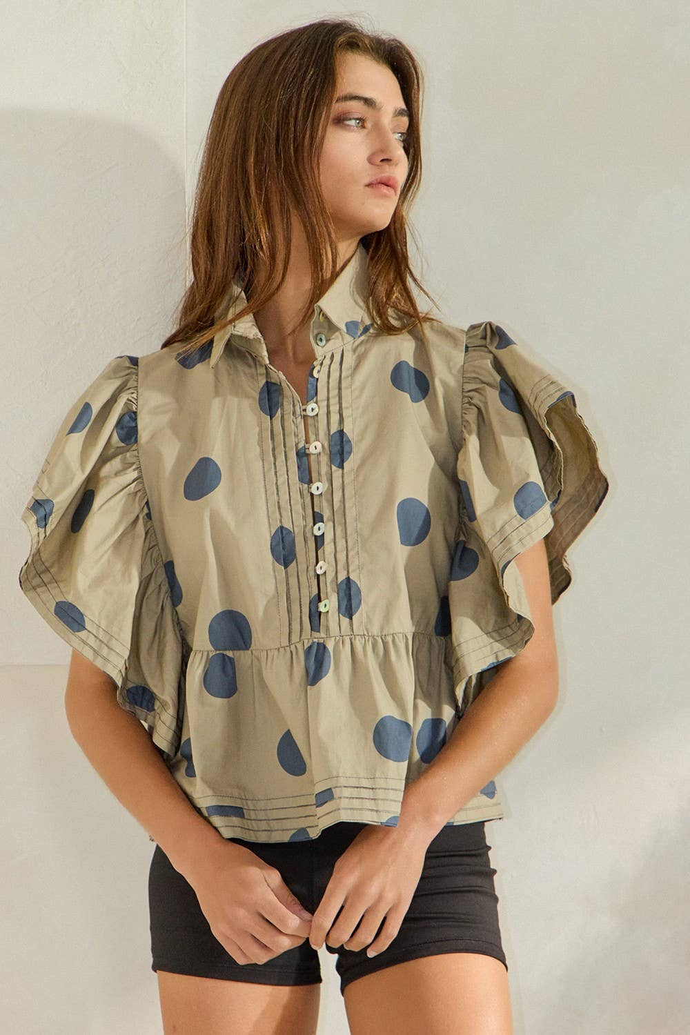 Ruffle Sleeves Pintuck Detail Polka Dot Print top up