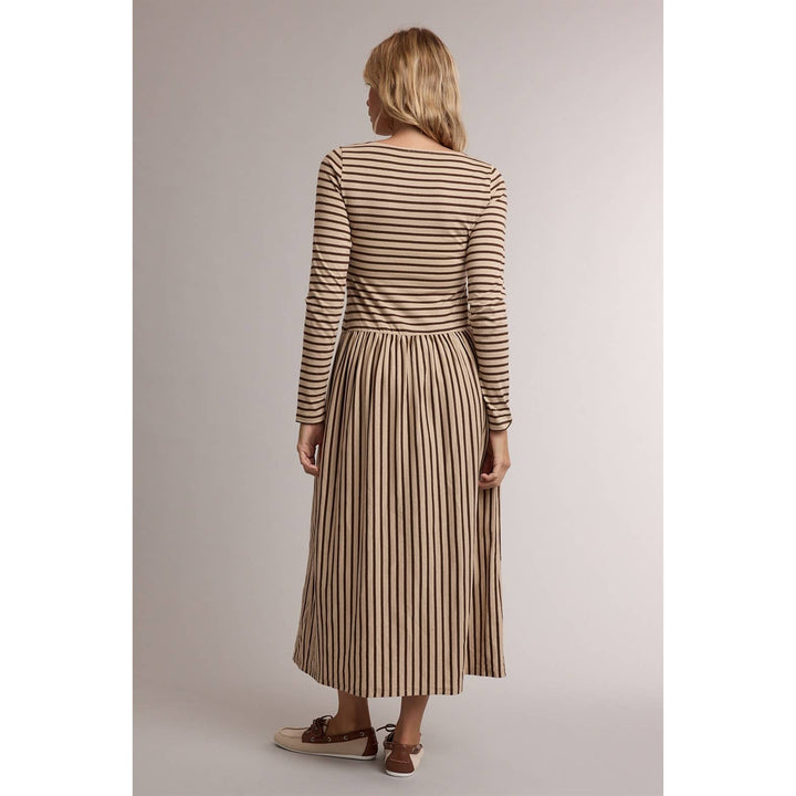 STRIPED BUTTON FRONT LONG SLEEVE MIDI DRESS