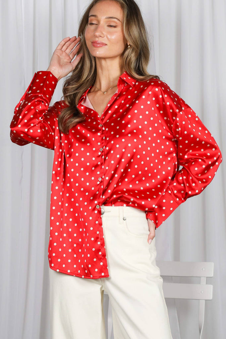 Polka Dot Collared Long-Sleeve Satin Blouse Top