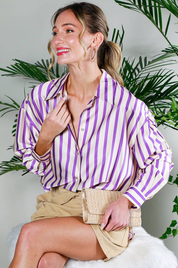 Collard Vertical Stripe Printed Satin Blouse Top
