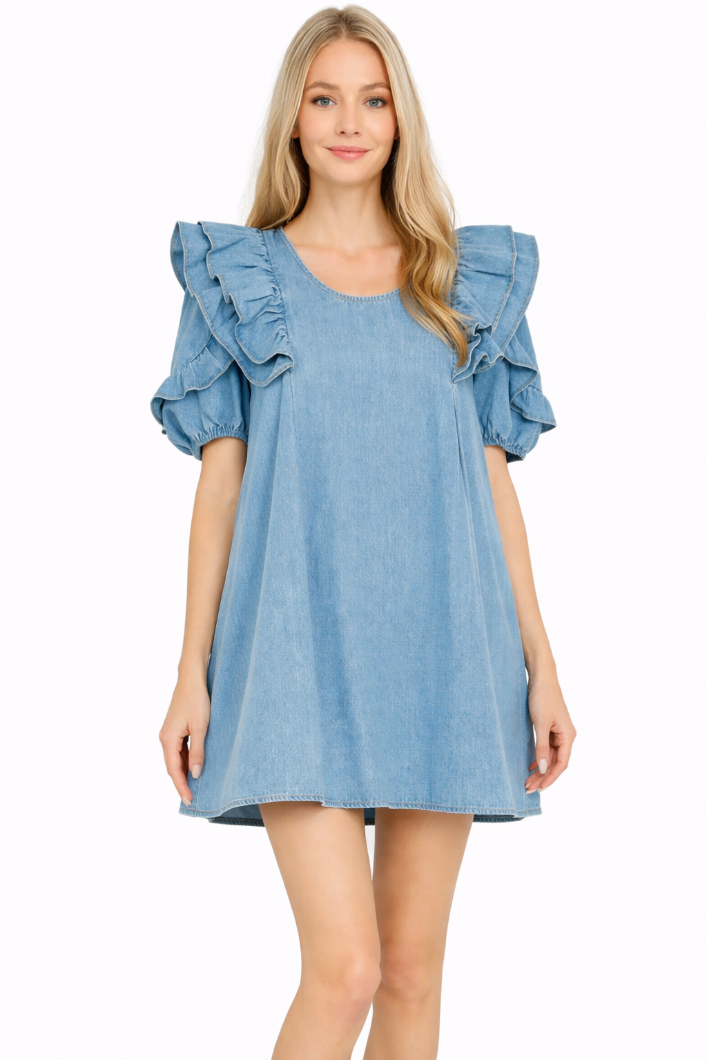 Ruffle Shoulder Denim Mini Dress with Puff Sleeves
