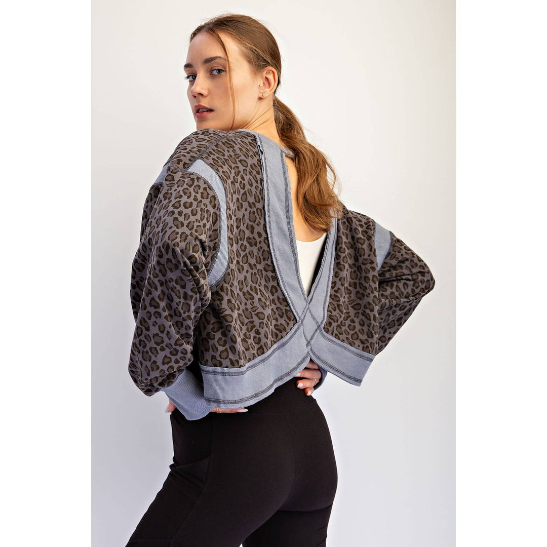 ANIMAL PRINT TERRY OPEN BACK LONG SLEEVE TOP