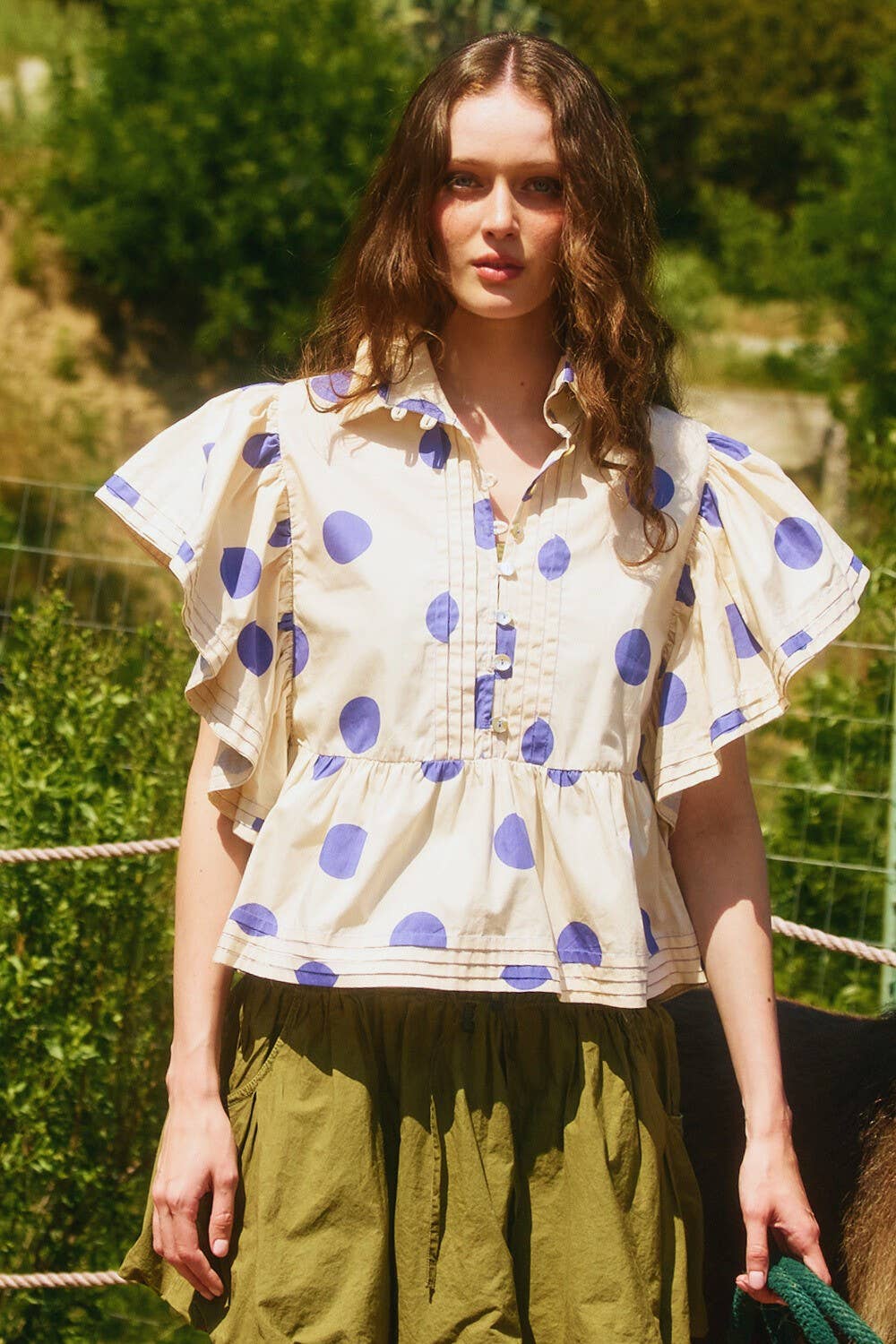 Ruffle Sleeves Pintuck Detail Polka Dot Print top up