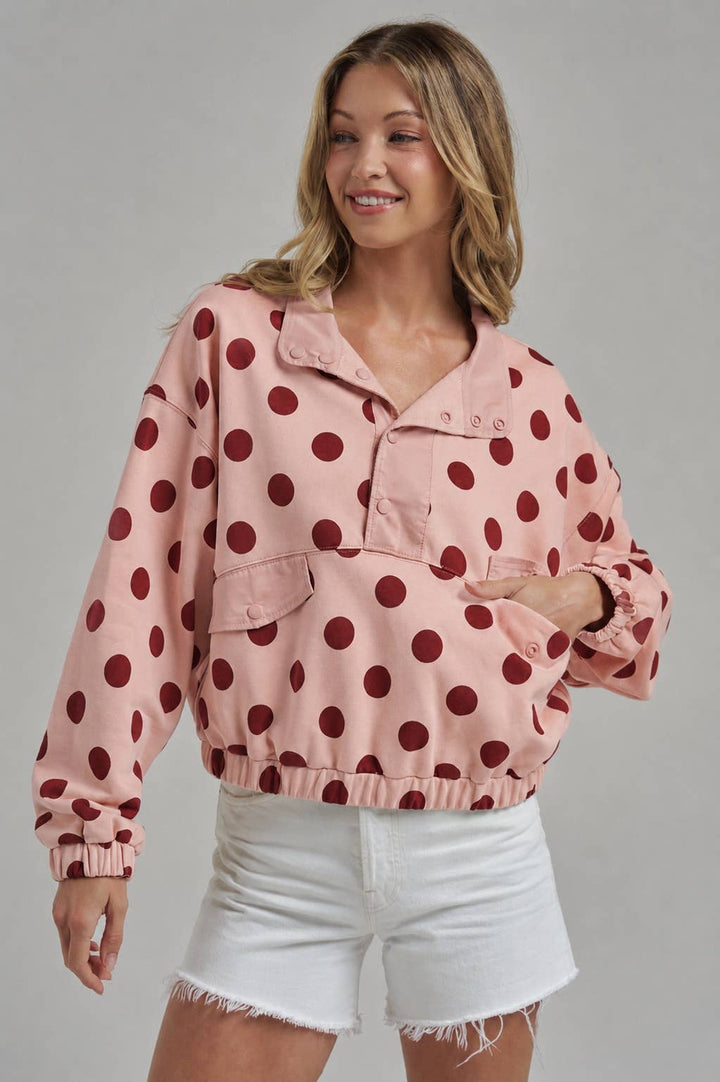 POLKA DOT HALF PLACKET PULLOVER TOP