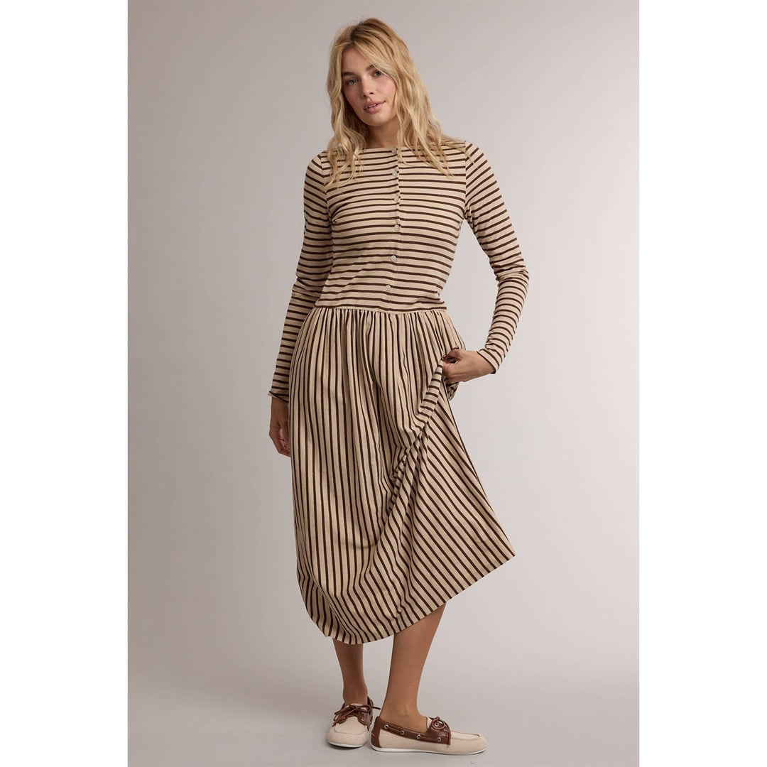 STRIPED BUTTON FRONT LONG SLEEVE MIDI DRESS