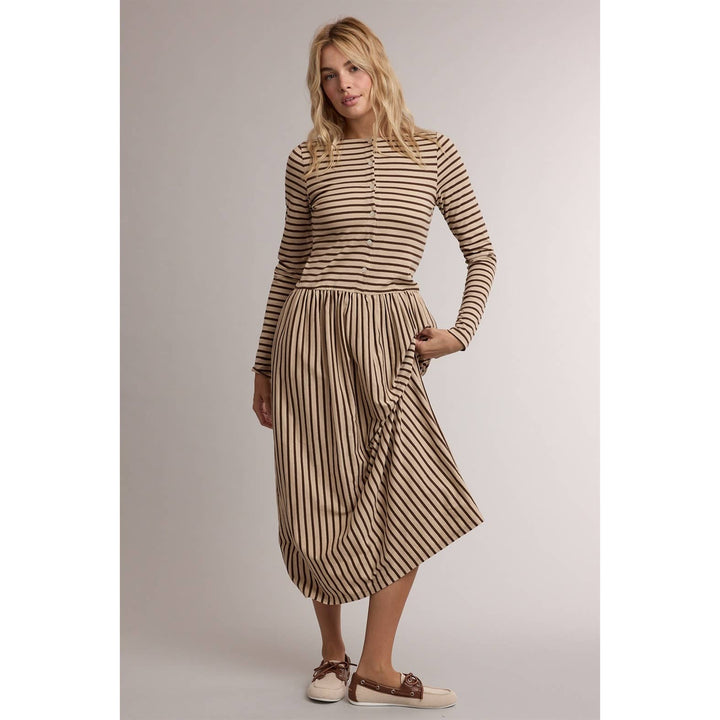 STRIPED BUTTON FRONT LONG SLEEVE MIDI DRESS