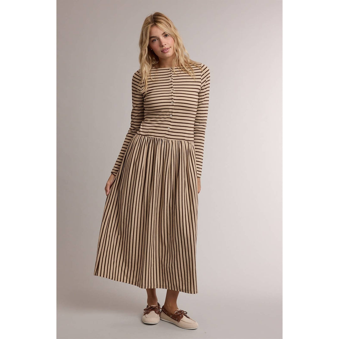 STRIPED BUTTON FRONT LONG SLEEVE MIDI DRESS