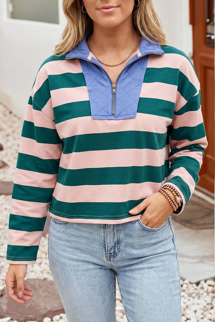 Striped Quarter-Zip Metal Zipper Cover Stitch Hem Blouse