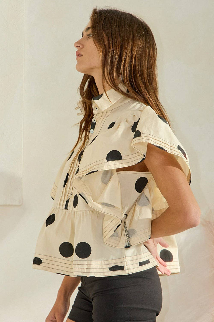 Ruffle Sleeves Pintuck Detail Polka Dot Print top up