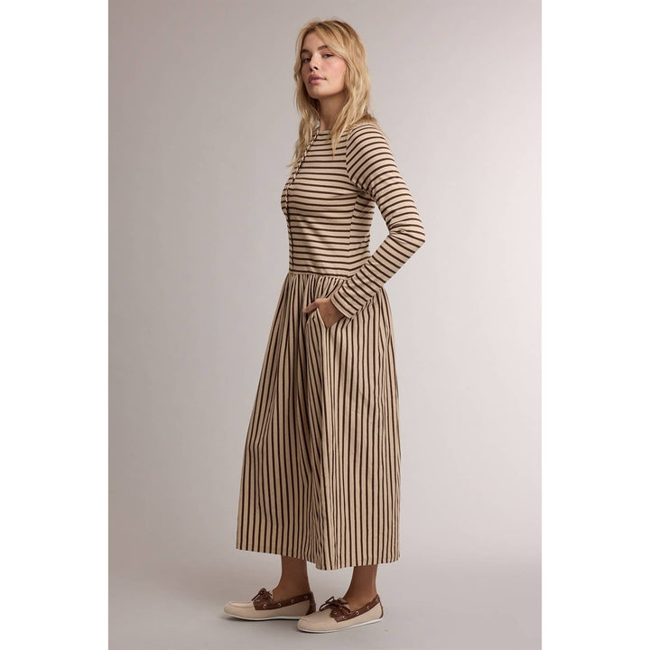 STRIPED BUTTON FRONT LONG SLEEVE MIDI DRESS