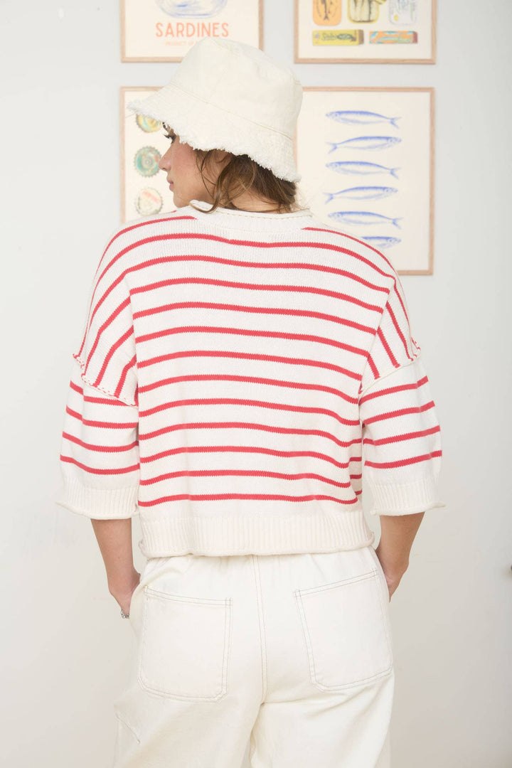 STRIPE RAW EDGE DROP SHOULDER SHORT SLEEVE SWEATER