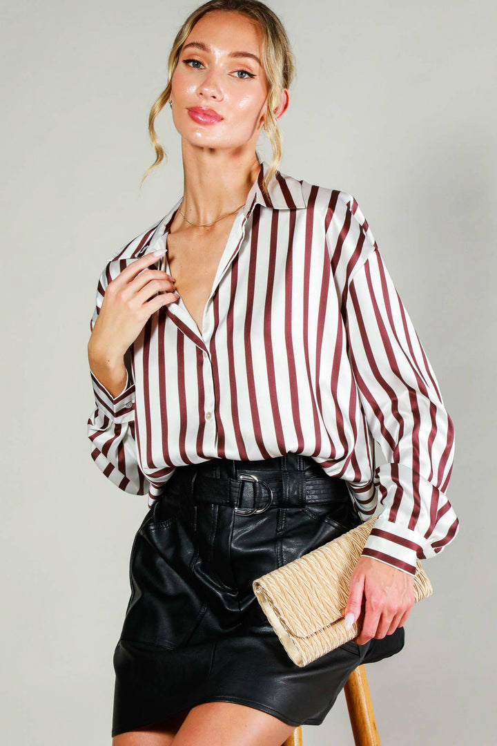Collard Vertical Stripe Printed Satin Blouse Top