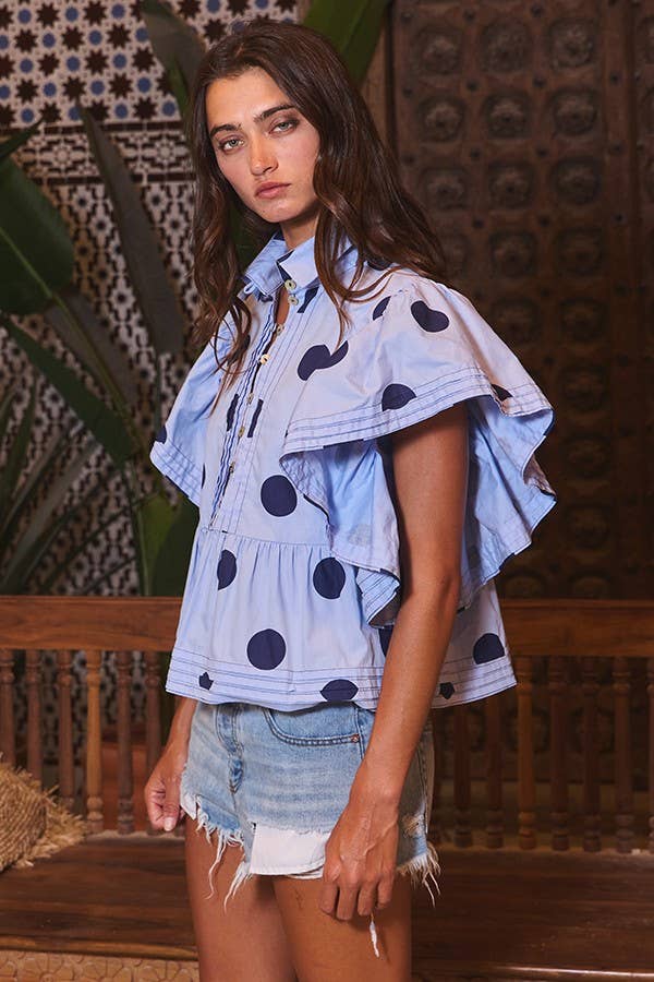 Ruffle Sleeves Pintuck Detail Polka Dot Print top up
