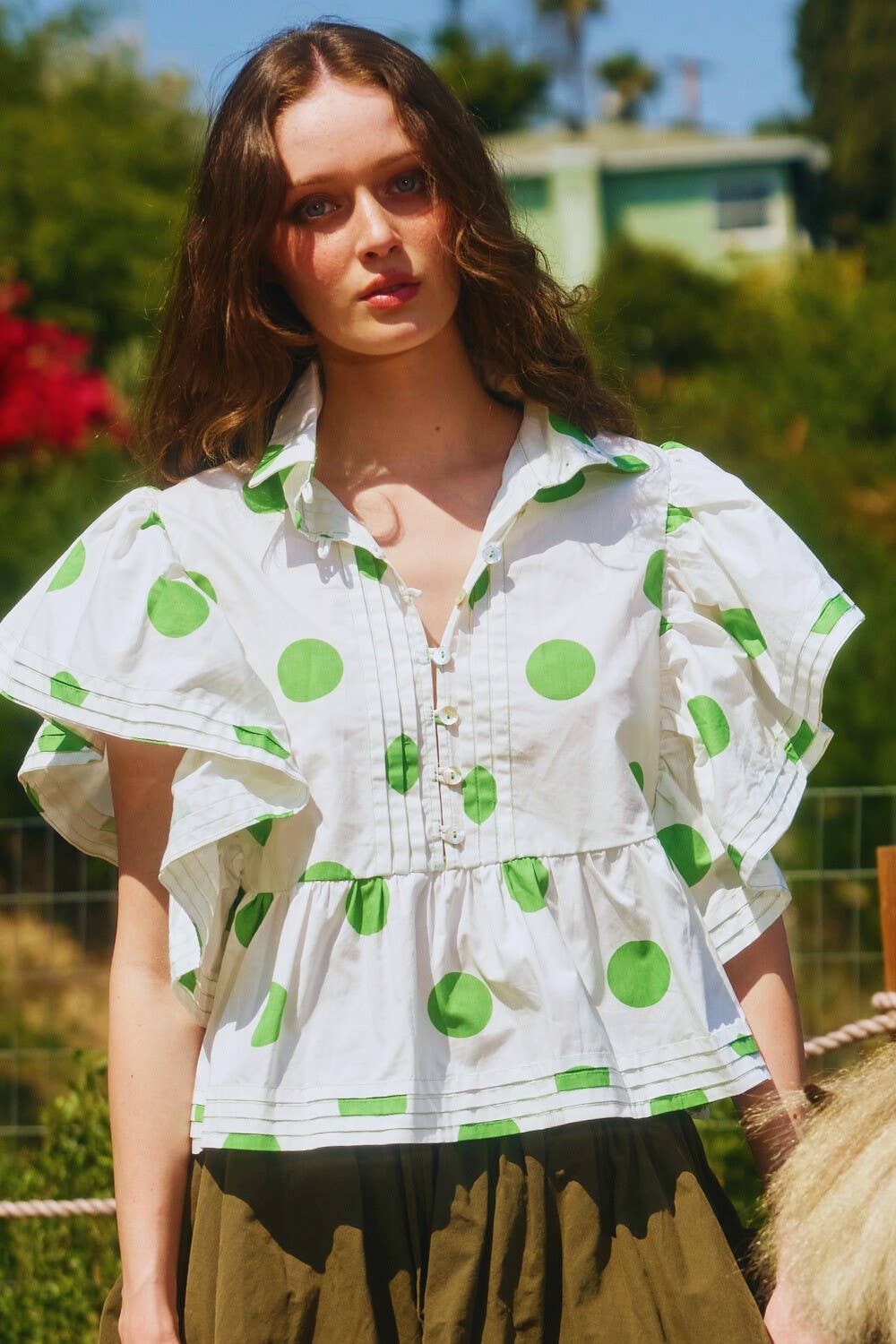 Ruffle Sleeves Pintuck Detail Polka Dot Print top up